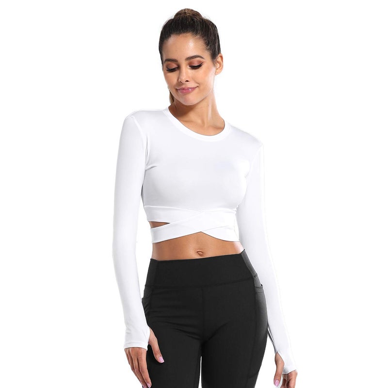 DREAM SLIM Women Long Sleeve Crop Tops Tummy Cross Crewneck Yoga Running Shirts Gym Workout Crop Tops with Thumb Holes (White Long, S) - Image 1